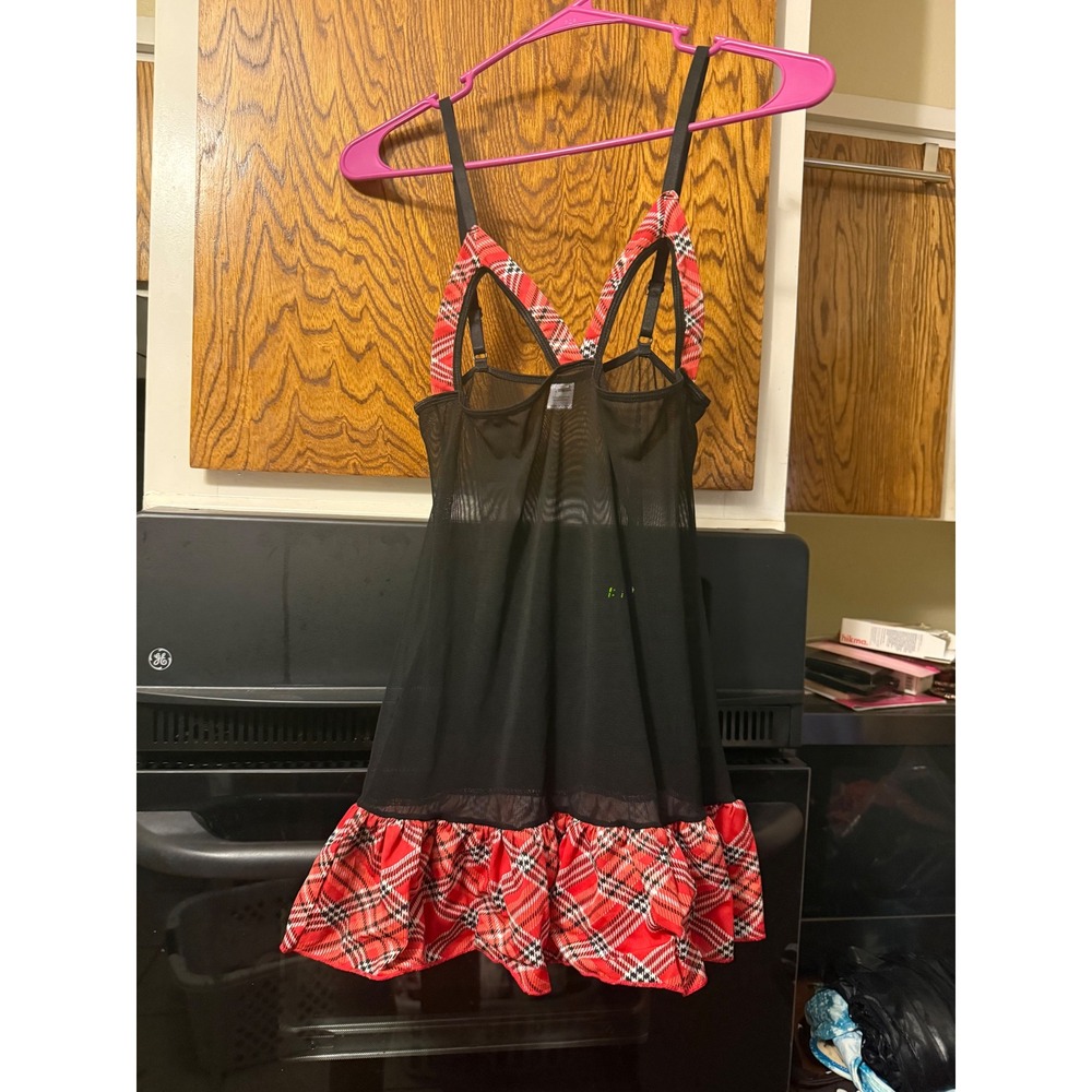 Red Plaid Mesh Babydoll Lingerie Open Cup Chemise Schoolgirl Tartan M/L